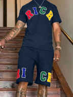 LW Men Round Neck Letter Print Two Piece Shorts Set