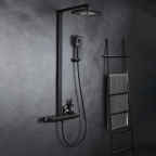 Black Exposed Rainfall Shower System with Handshower & Stone Rack Solid Brass