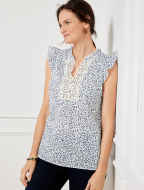 Embroidered Ruffle Trim Shell Sweater - Tendril Ditsy - Ivory/Ink - Medium - 100% Cotton Talbots